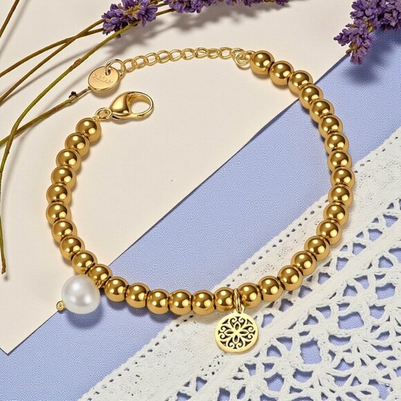 Boho Chic Mandala Pearl Charm Bracelet 18K Gold Plated 316L Stainless Steel - Picture 4 of 10